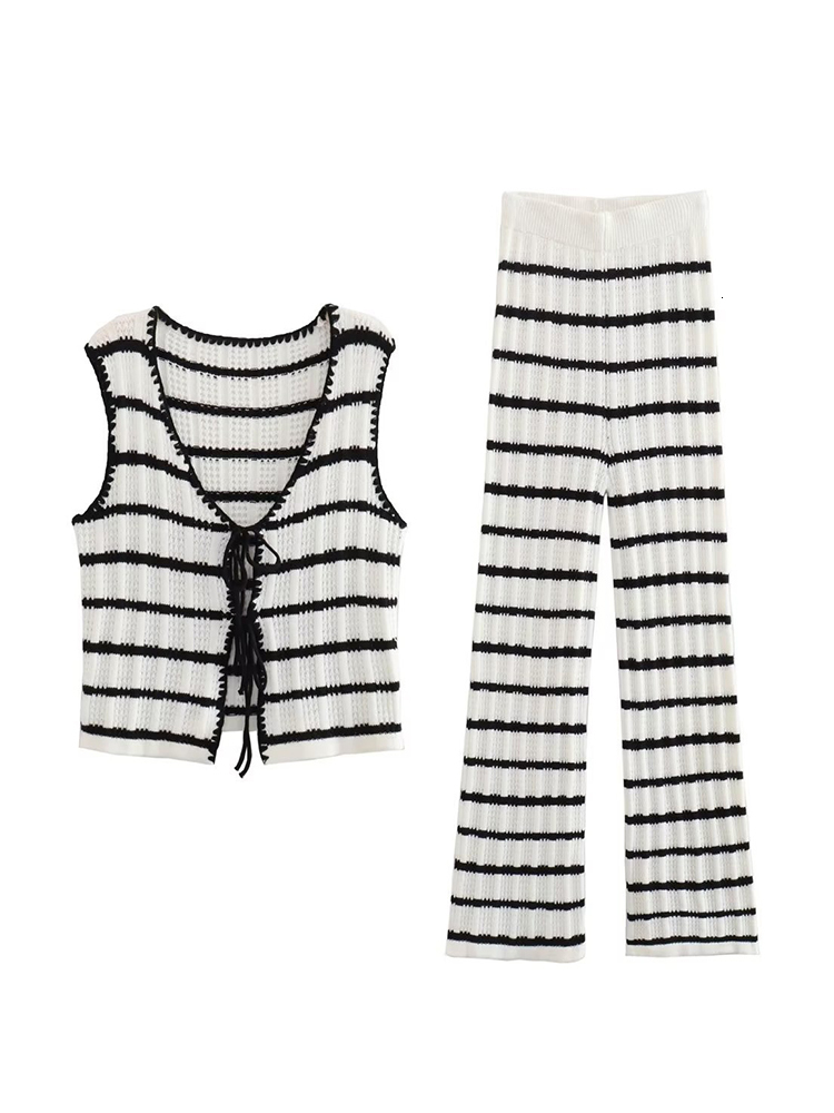 Women's Tracksuits Fashion Stripe Knitted Long Pants Sets Women Summer Cropped Vest Elastic Waist Trousers Two Pieces Sets Female Chic Outfits 23