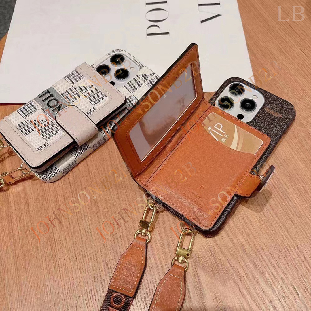 Beautiful iPhone Phone Case 15 14 13 Pro Max Crossbody L Leather Card Slot Purse High Quality 18 17 16 15pro 14pro 13pro 12pro 11pro 12 11 X XS 7 8 with Logo Box