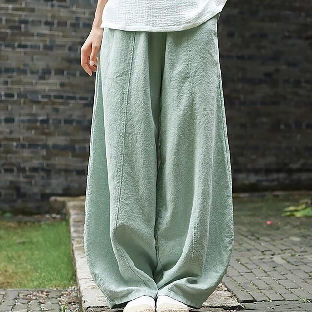 Women's Pants s Spring Summer 2023 Cotton Linen Style Bloomers Wide Leg Pant Vintage Full Length Elegent Solid Elasitic Waist S5XL 230914