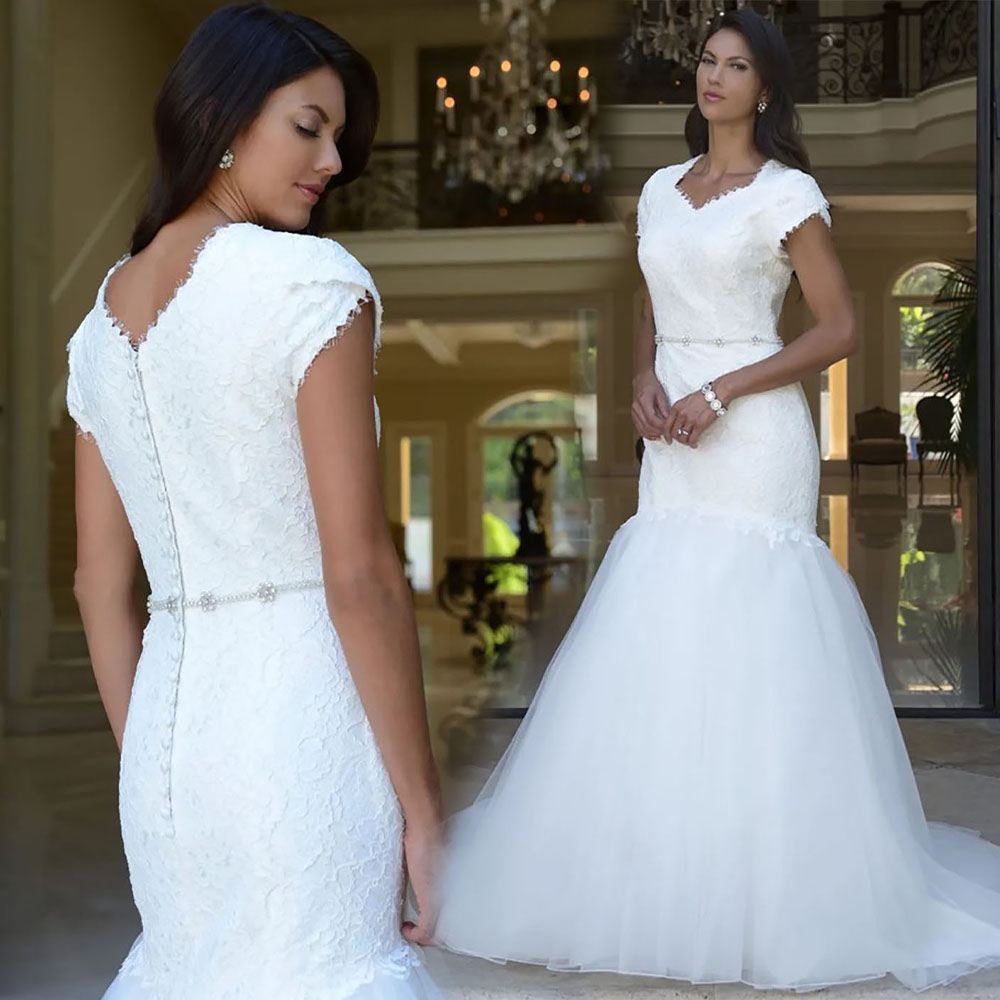 Wedding Dresses White Bridal Gowns Mermaid Trumpet Formal Ivory Custom New Plus Size Up Zipper Button Applique Lace Sweetheart With Short Sleeves Tull
