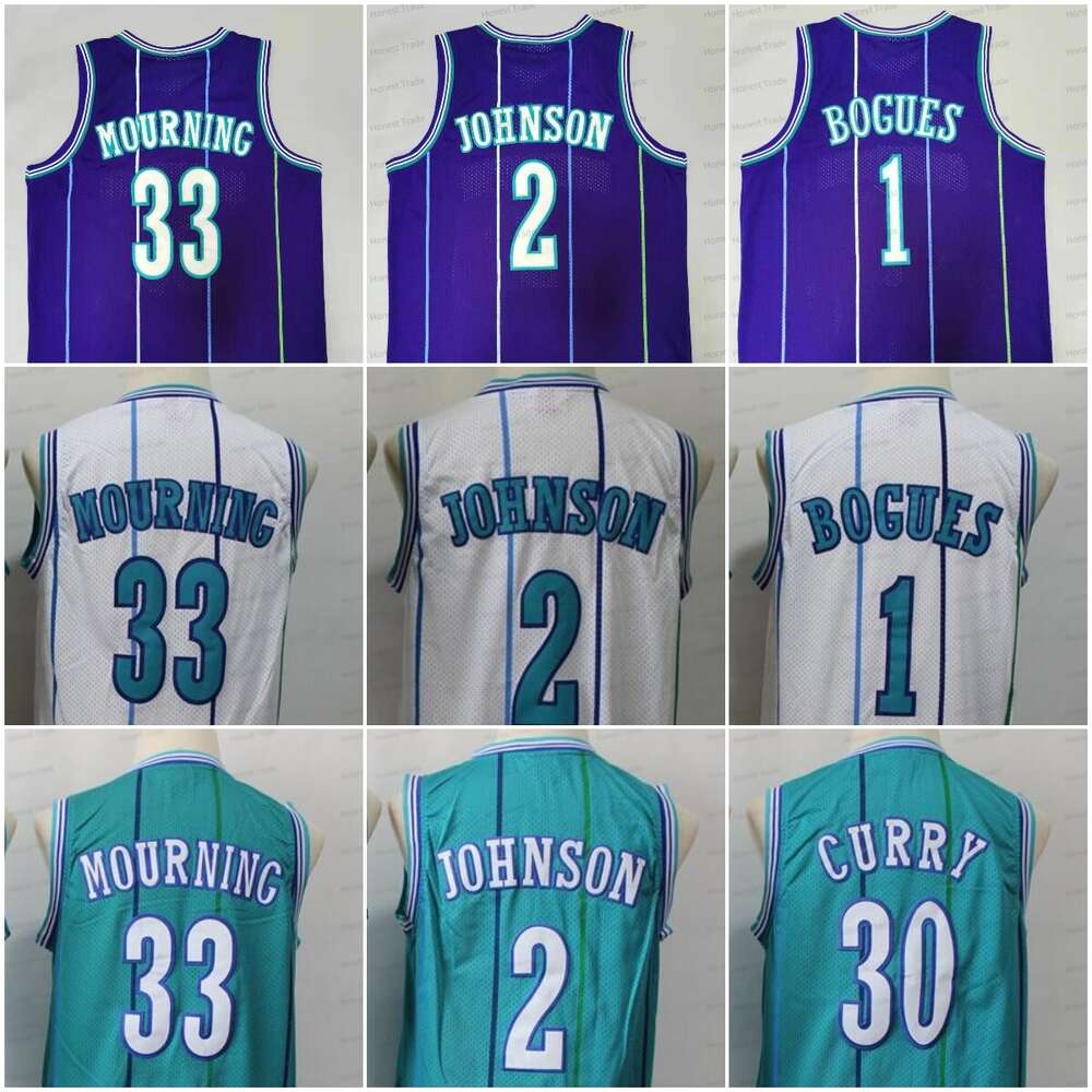 Men Retro Basketball Jerseys Tyrone Muggsy Bogues Vintage 33 Mourning Glen 41 Rice Larry 2 Johnson Dell 30 Alonzo Green White Stitched Basketball Jersey Throwback