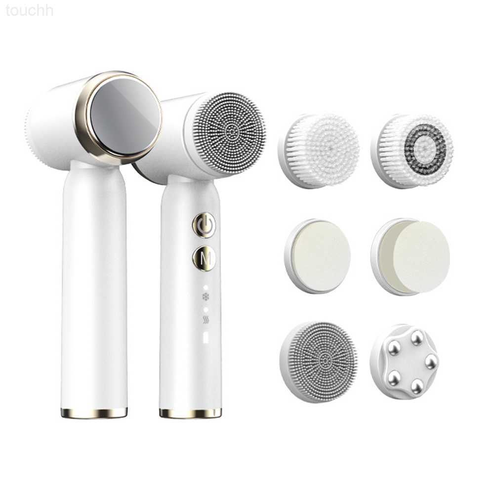 Electric Face Scrubbers 6 In 1 Ultrasonic Electric Face Cleansing Brush Compress Therapy Facial Exfoliating Pore Cleaner Blackhead Removal L230920