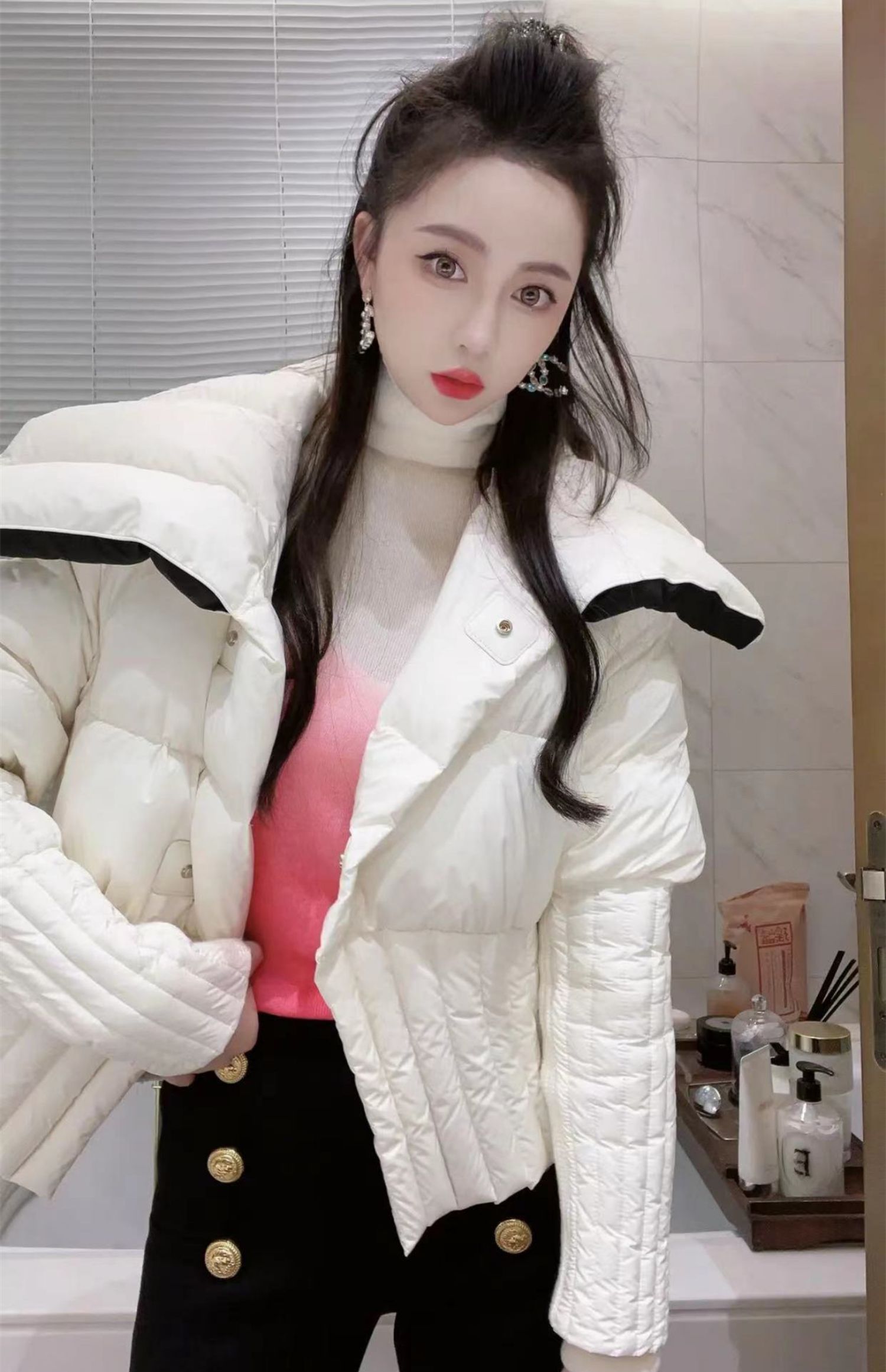 Womens warm turn down collar thickening duck down slim waist short parkas coat SM