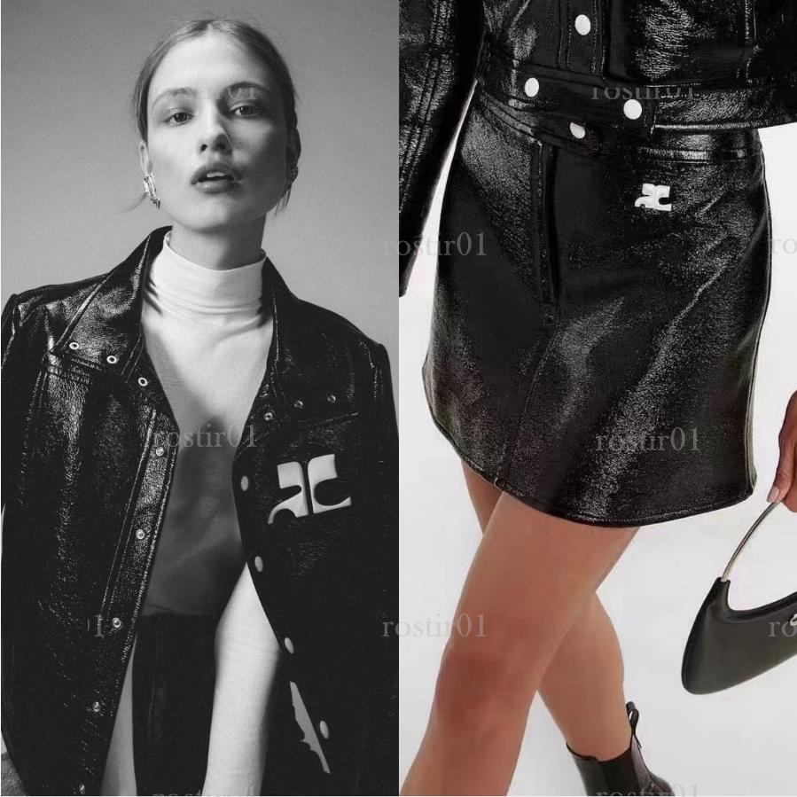 Designer Fashion Classic Trendy Cloth Women Embroidered Logo Stand Collar Pu Short hip hop Jacket skirt high waist PU leather skirts