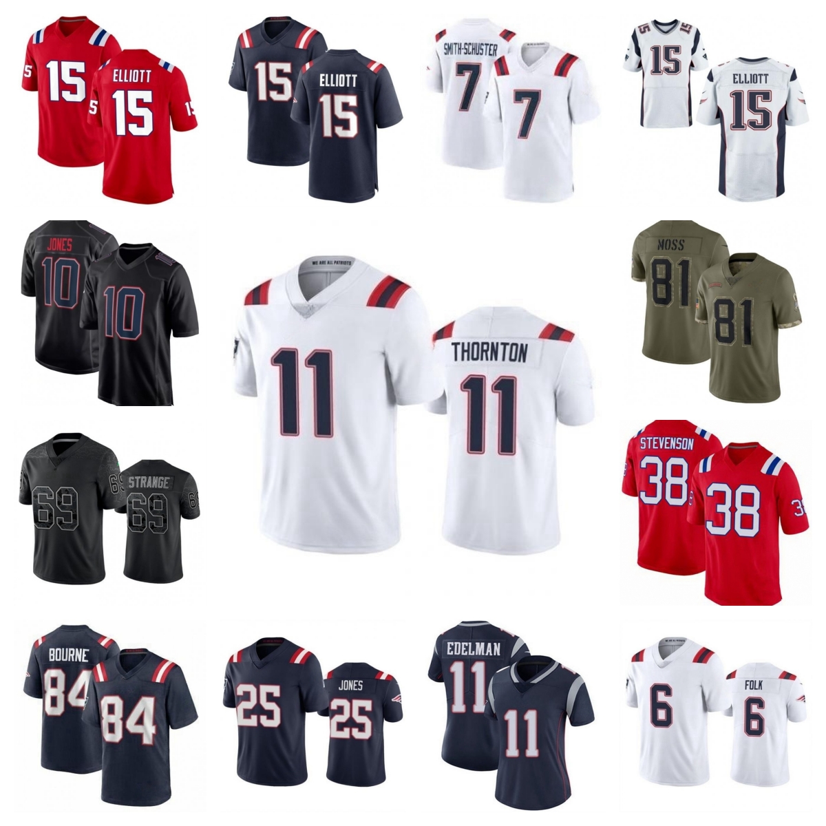 15 Ezekiel Elliott 19 Christian PATRIOTS Football Jersey 19 Christian Gonzalez 10 Mac Jones 7 Smith-Schuster 11 Tyquan Thornton 1 DeVante Parker 5 Peppers 11 Edelman