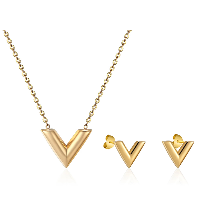 Gold Silver Color Fashion Designer Necklace Earrings High Polished Simple V Letter Luxury Pendant Necklace Fashion Sets For Women
