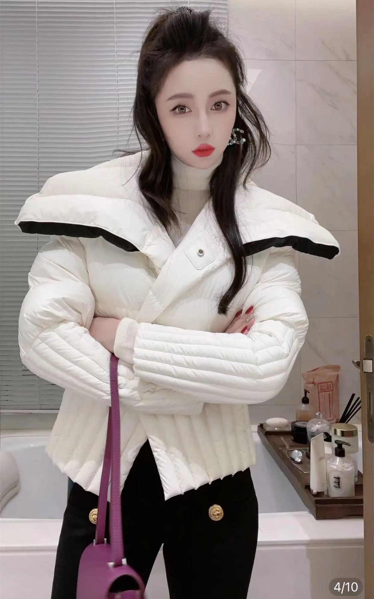 Womens warm turn down collar thickening duck down slim waist short parkas coat SM