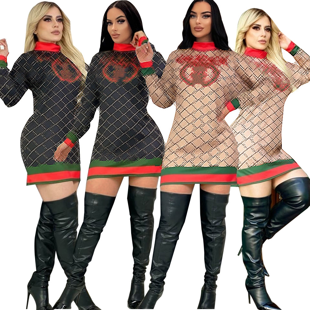 High Collar Bodycon Dress Women Casual Print Long Sleeve Short Mini Dresses Free Ship