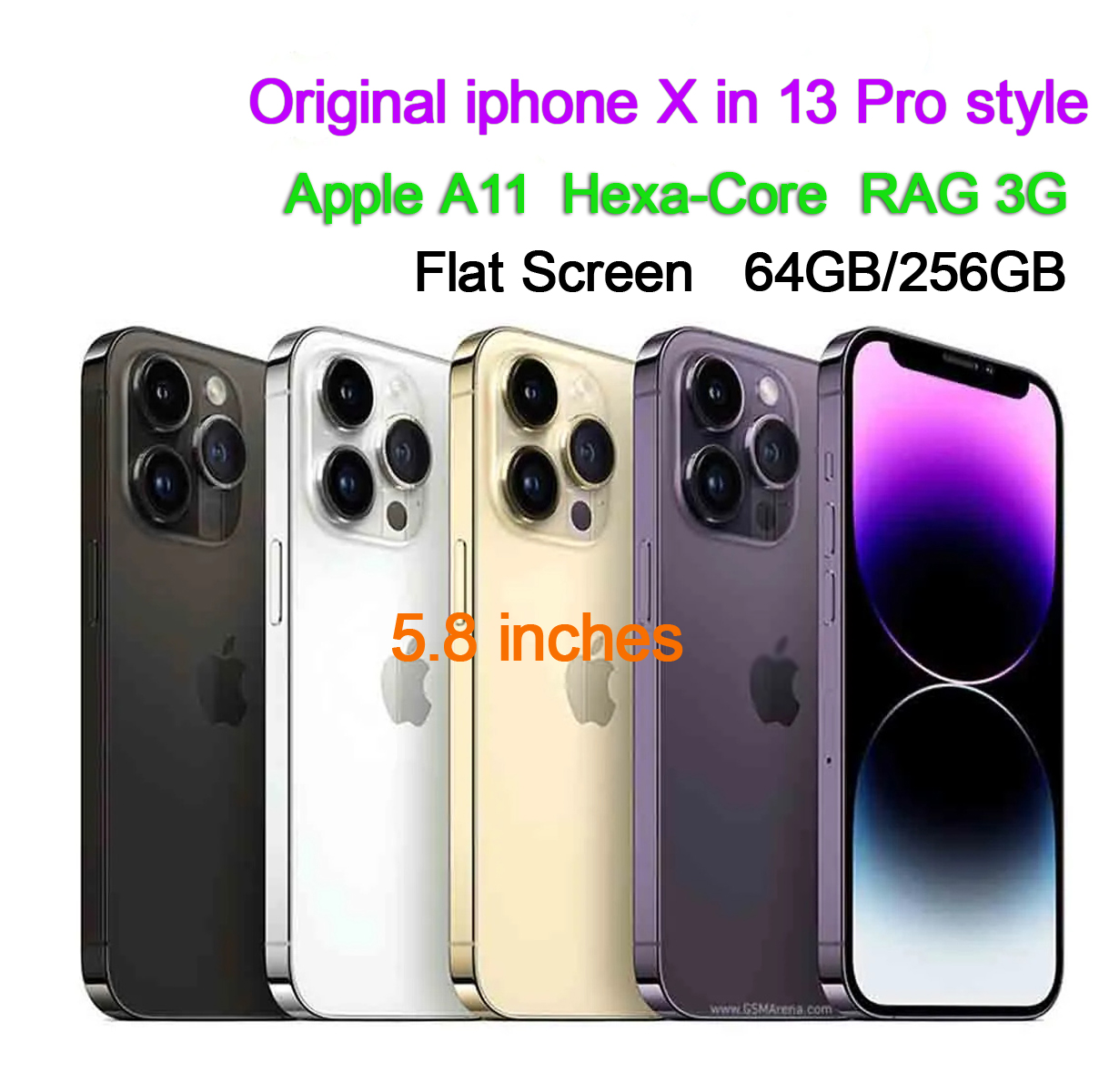 Apple Original iphone X in iphone 13 pro style phone network Unlocked with 13pro box&Camera appearance 3G RAM 64GB/256GB ROM smartphone ,new battery 1