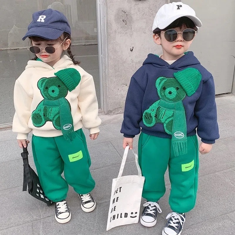 Clothing Sets Winter Thicken Lamb Wool Baby Girl Boy Clothes Set Children Sports Cartoon Bear Sweatshirt Top Pants 2 Pcs Suit Cotton Tracksuit 230915