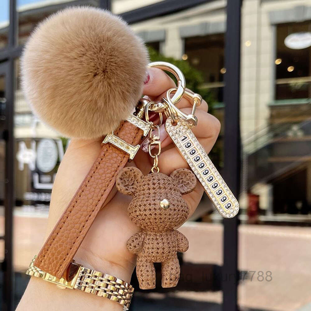 Keychain designer key chain luxury bag charm female cute bear car key ring fashion fur ball pendant male trendy accessories number plate creative exquisite good