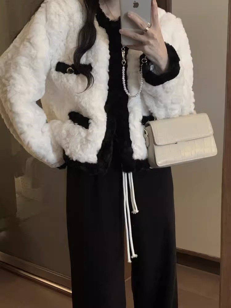 Womens Jackets Warm Jacket Women Patchwork Oneck Cardigan Coat Autumn Winter Office Lady Korean Fashion Casual Vintage Loose Outwear 230915