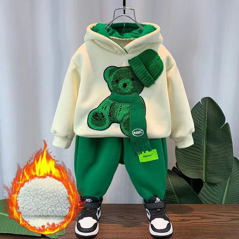 Clothing Sets Winter Thicken Lamb Wool Baby Girl Boy Clothes Set Children Sports Cartoon Bear Sweatshirt Top Pants 2 Pcs Suit Cotton Tracksuit 230915