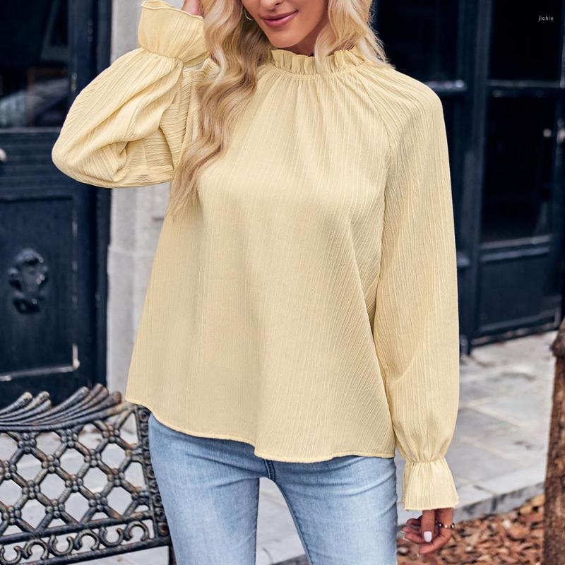 Womens Blouses Women Shirt T-shirt Chic Streetwear Loose Fit Pleated Blouse With Ruffle Cuffs Autumn Winter Solid Color Casual