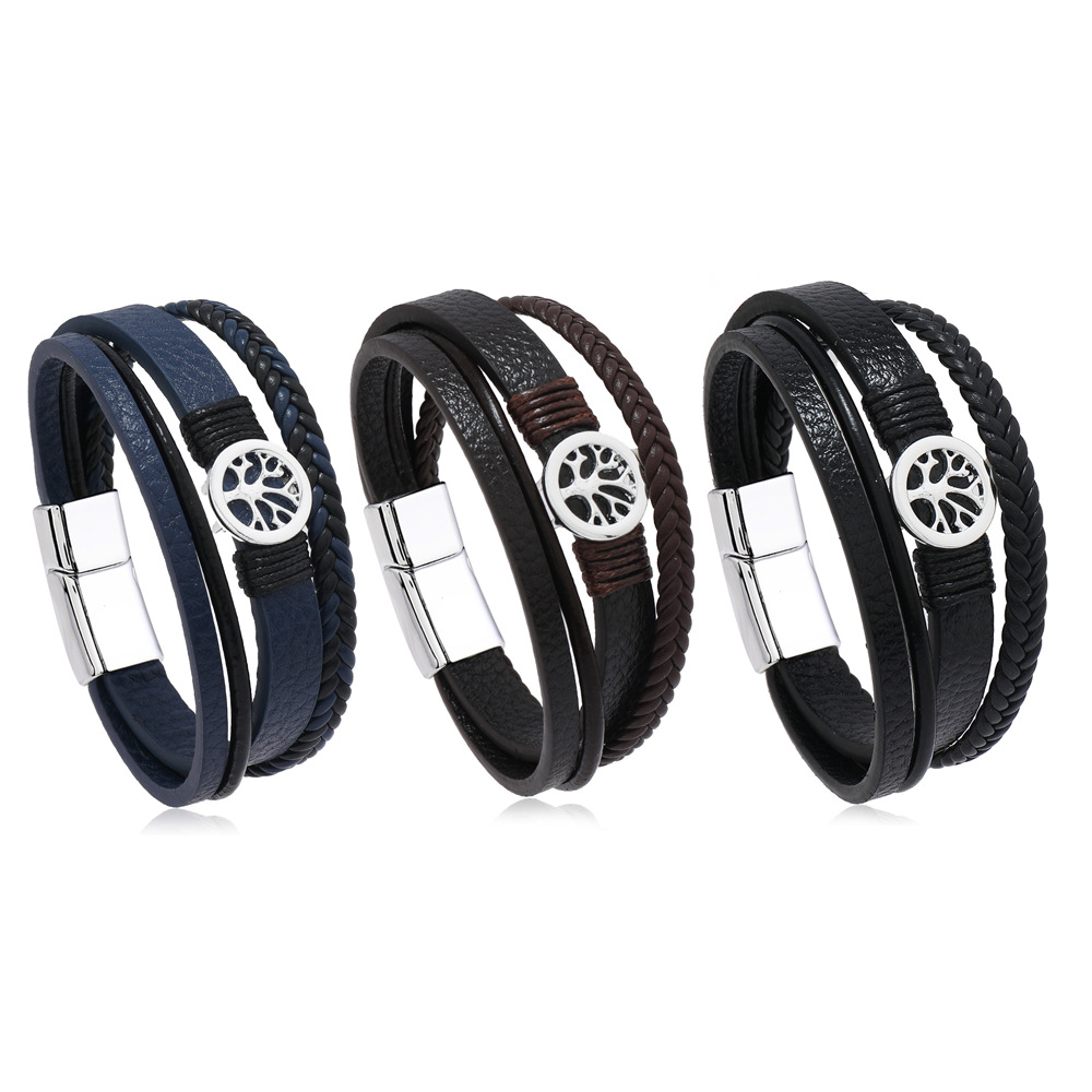 Classic Multi Layered Leather Bracelet Life Tree Charm Cuff Bracelets Jewelry for Gift