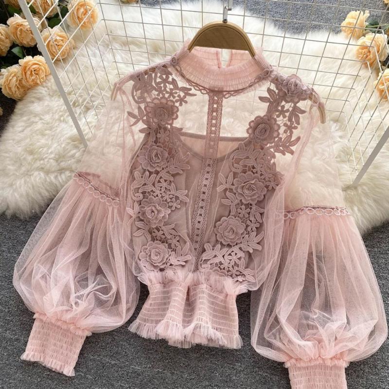 Womens Blouses Women Party Shirt Flower Applique See-through Mesh Lantern Sleeve Lace Shirring Elastic Cuff Round Neck Lady Fall Blouse