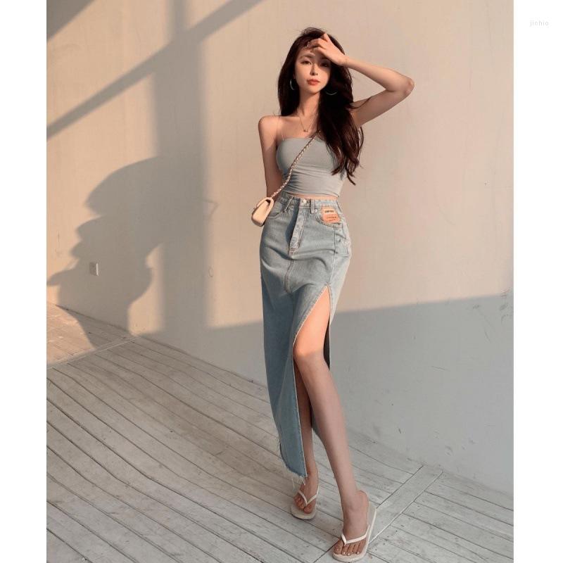 Skirts Seoulish Summer 2023 Womens Long Denim Skirt Vintage High Wasit Jeans Female Straight Side Split A-line Pencil
