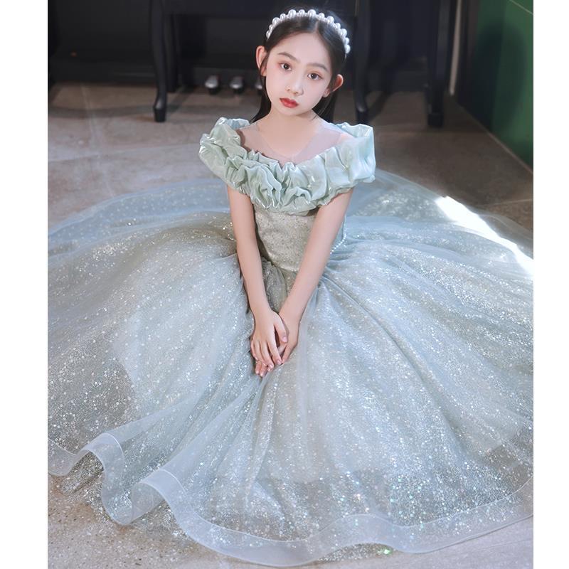 Cute Flower Off Shoulder Appliqued Shiny Bling Girl Cascading Ruffle Birthday Gowns Floor Length Ball Gown Pageant Dresses For Girls 403