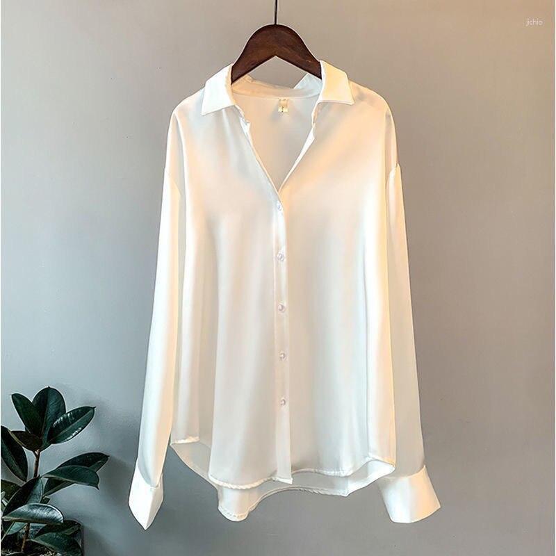 Womens T Shirts Satin Women Vintage Korean Style Long Sleeve Cardigan Oversized Office Lady Chic Elegant Blouse