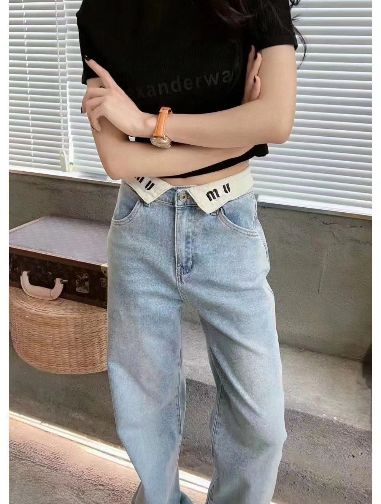 Womens designer high waisted skinny jeans with white lapel letter design and straight length Denim pants Free shipping