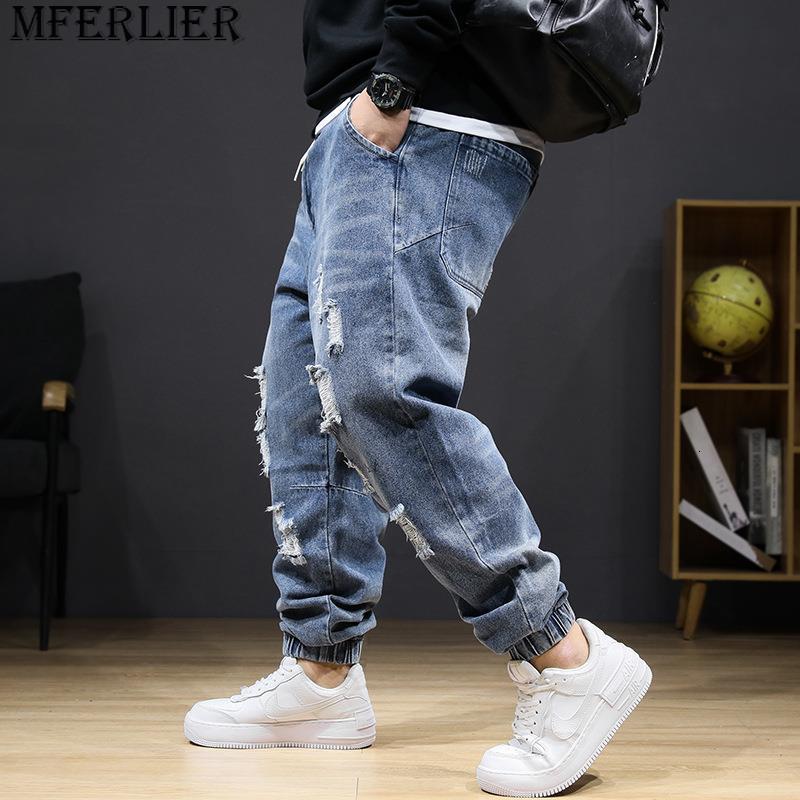 Men's Jeans Large size jeans autumn winter section men stretch elastic high waist plus hole trousers 8XL 7XL ripped 230918