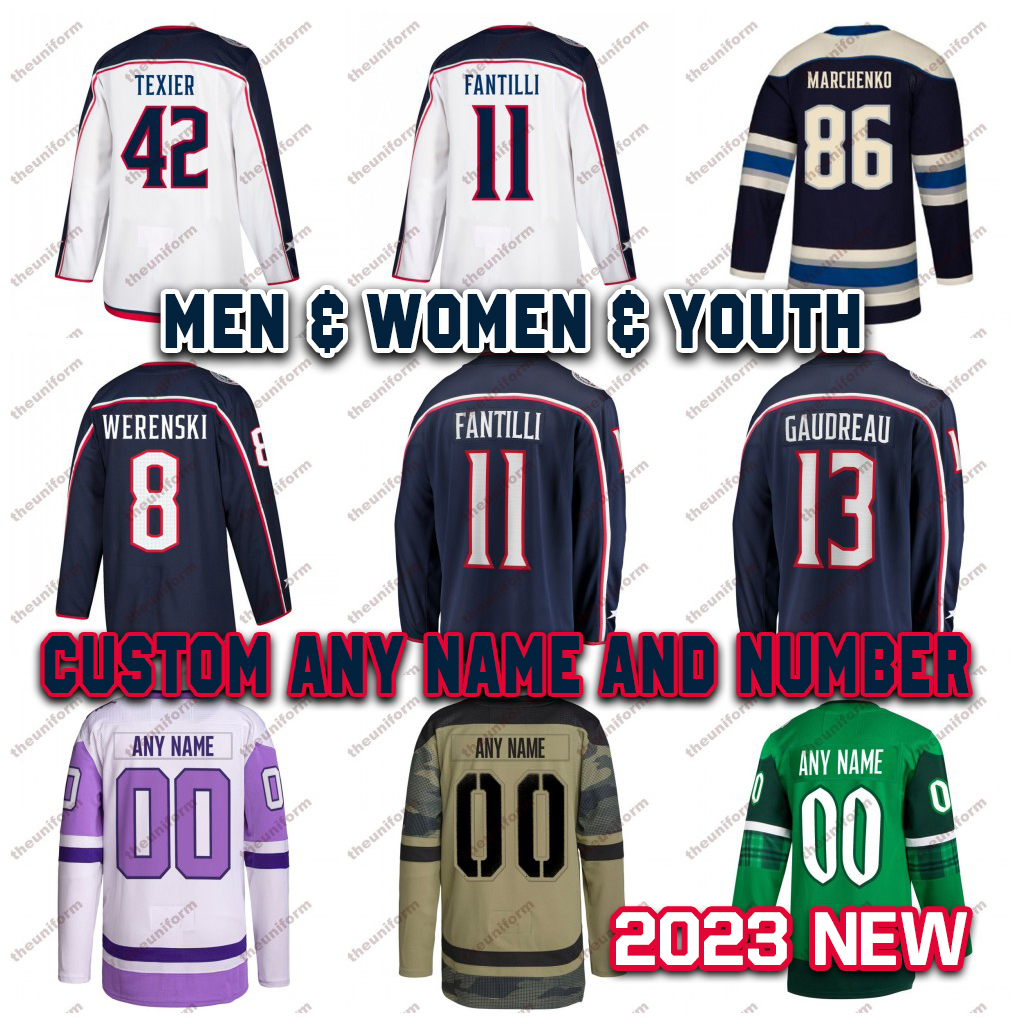 Custom Men's 13 Johnny Gaudreau Ice Hockey Jersey Columbus Stitched Womens Youth 38 Jenner 13 Gaudreau 29 Laine 90 Merzlikins 11 Adam Fantilli Hockey Jerseys