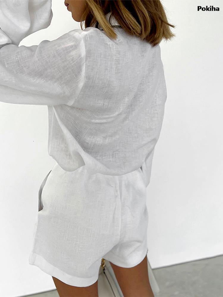 Womens Tracksuits Elegant Summer Patchwork Linen Two Pieces Set Fashion Long Sleeve Casual Loose Blouse T Shirts And Shorts Outfits Chic