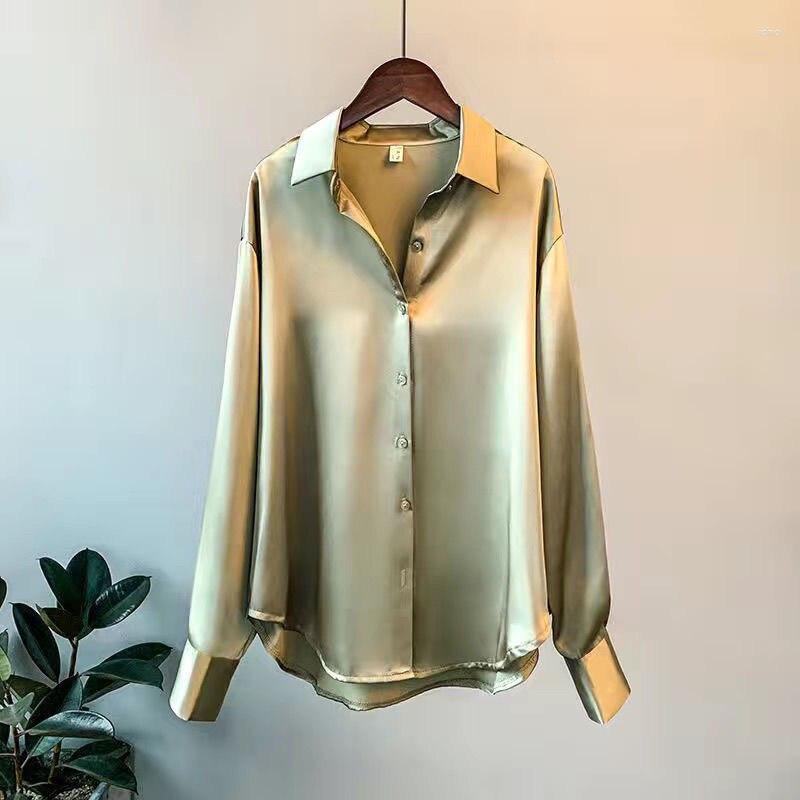 Womens T Shirts Satin Women Vintage Korean Style Long Sleeve Cardigan Oversized Office Lady Chic Elegant Blouse