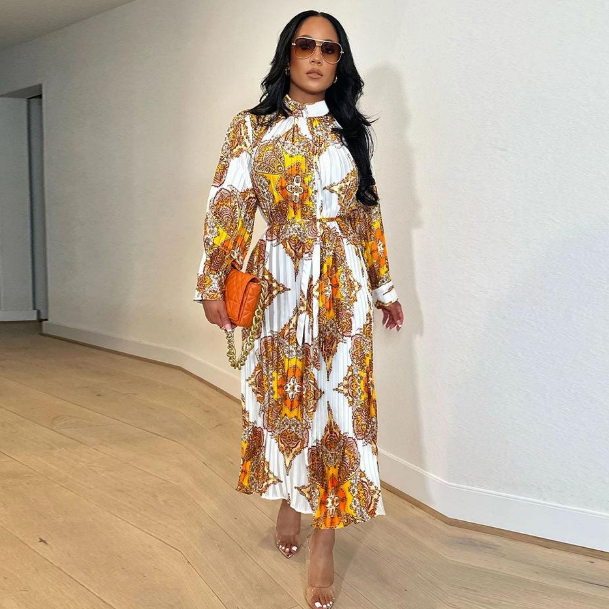 Luxury Print A-line Dresses Women Casual Crew Neck Long Sleeve Pleated Dress Free Ship