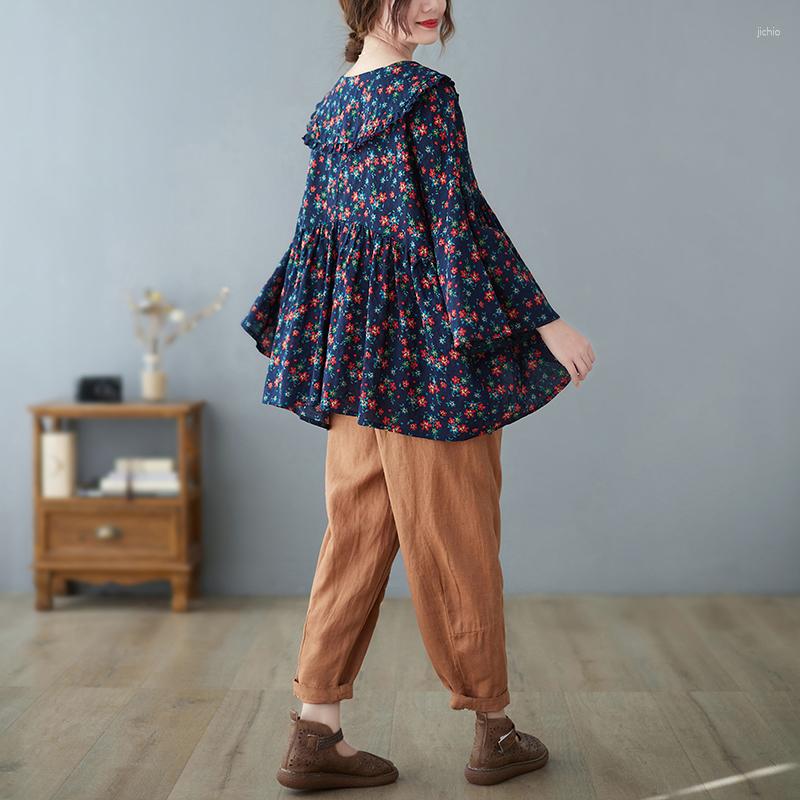 Womens T Shirts 2023 Print Floral Chic Girls Summer Loose Tops Sailor Collar Patchwork Women Casual T-shirt Blouse