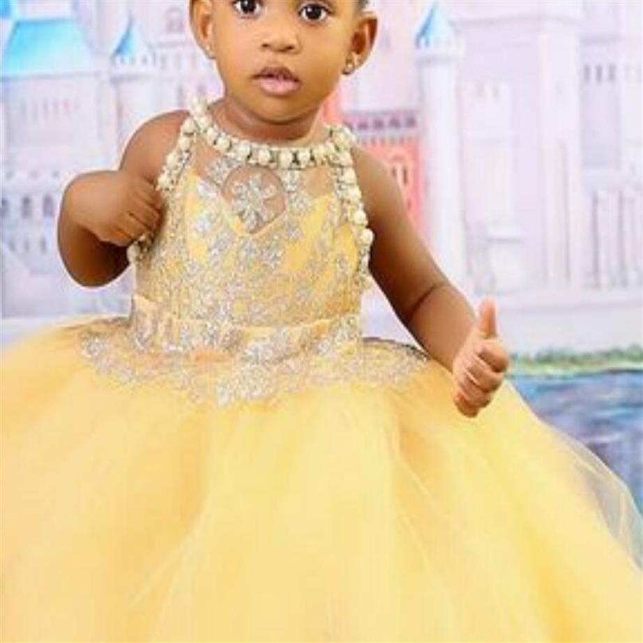 Gold Lace Flower Sheer Neck Pearls Little Girl Wedding Cheap Communion Pageant Dresses Gowns F359278p 0514