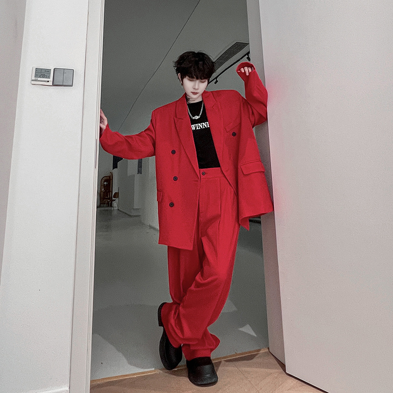 Men's Suits Blazers NOYMEI Niche Red Two Pieces Set Autumn Korean Style Double Breasted Suit Jacket Straight Pants Solid Color Loose WA2500 23091