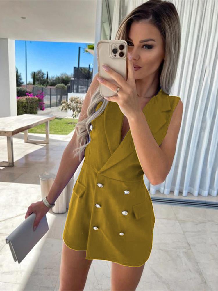 Casual Dresses Summer Solid Women Sheath Dress Elegant Turn-Down Collar Sleeveless Bodycon Office OL Mini Blazer Vestidos