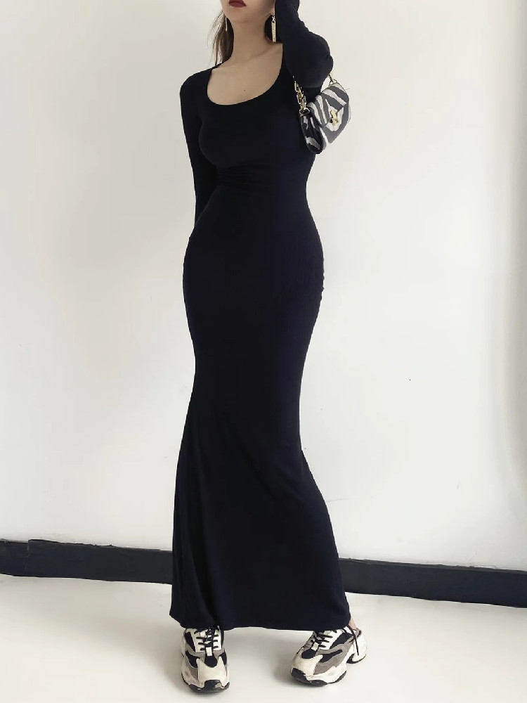 Urban Sexy Dresses Sexy Square Collar Knitted Cotton Maxi Long Mermaid Dress Women Full Sleeve Stretch Basic Bodycon Fishtail Robe Vestido 230918