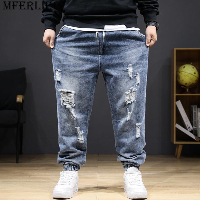 Men's Jeans Large size jeans autumn winter section men stretch elastic high waist plus hole trousers 8XL 7XL ripped 230918