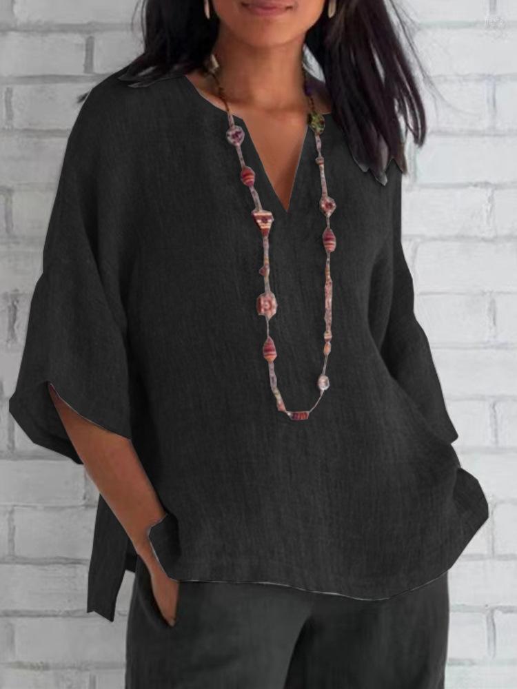 Womens Blouses Elegant Tops Shirt Cotton Linen V-Neck Bat Short Sleeve Casual Loose Blouse Pullover Blusas Mujer De Moda 2024 Chemisier