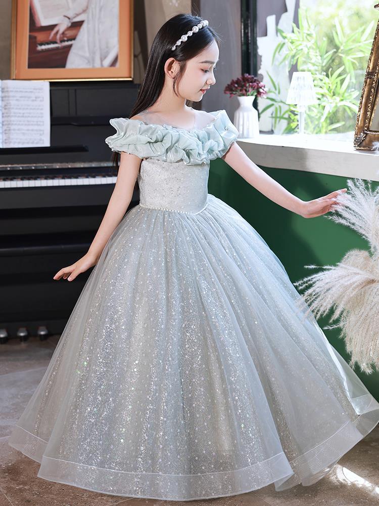Cute Flower Off Shoulder Appliqued Shiny Bling Girl Cascading Ruffle Birthday Gowns Floor Length Ball Gown Pageant Dresses For Girls 403