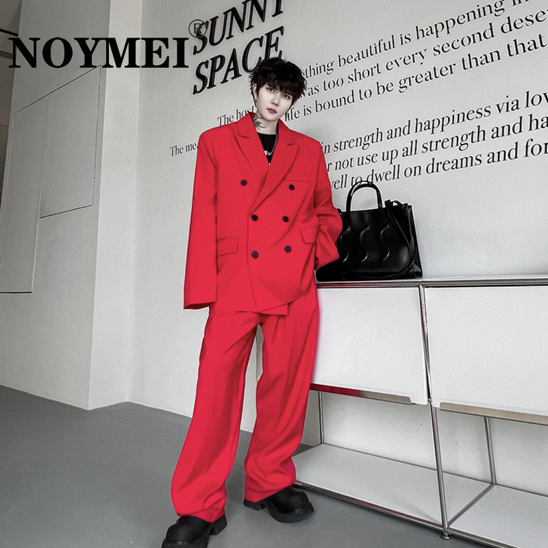 Men's Suits Blazers NOYMEI Niche Red Two Pieces Set Autumn Korean Style Double Breasted Suit Jacket Straight Pants Solid Color Loose WA2500 23091