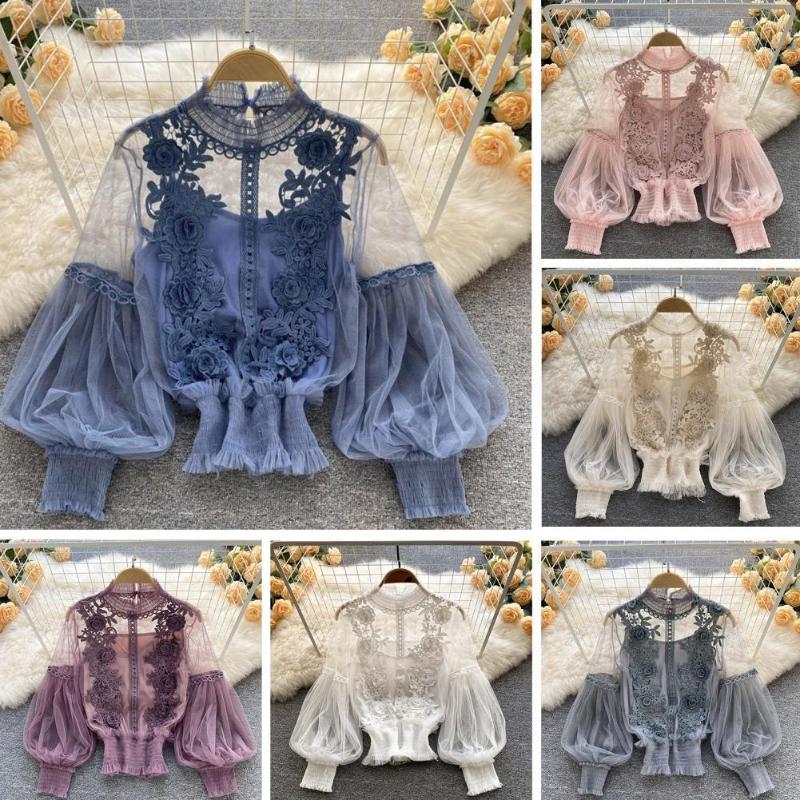 Womens Blouses Women Party Shirt Flower Applique See-through Mesh Lantern Sleeve Lace Shirring Elastic Cuff Round Neck Lady Fall Blouse