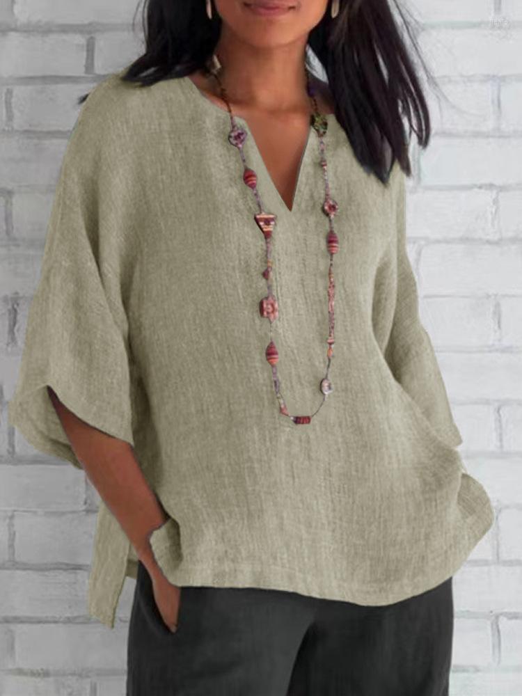 Womens Blouses Elegant Tops Shirt Cotton Linen V-Neck Bat Short Sleeve Casual Loose Blouse Pullover Blusas Mujer De Moda 2024 Chemisier