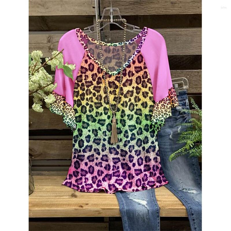 Womens T Shirts Womens Tops And Blouses Women Fashion V-neck Leopard Print Ruffles Half Sleeve Printing Top Blouse Blusas Mujer De Moda