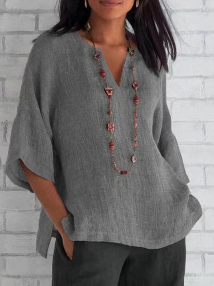 Womens Blouses Elegant Tops Shirt Cotton Linen V-Neck Bat Short Sleeve Casual Loose Blouse Pullover Blusas Mujer De Moda 2024 Chemisier