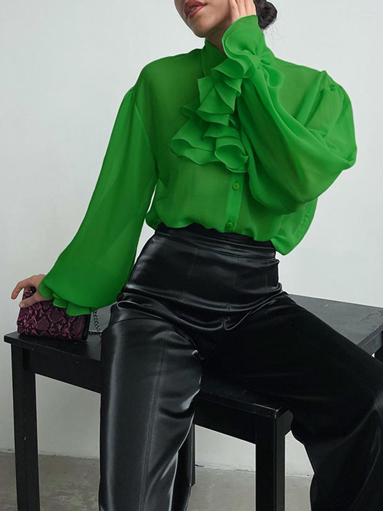 Womens Blouses Patchwork Ruffle Shirt For Female Lapel Long Sleeve Loose Straight Casual Women 2024 Spring Clothing Fashion N807