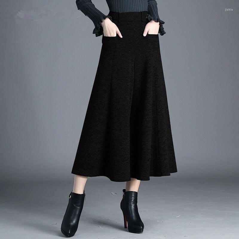 Womens Pants Women Winter Woolen Wide Leg Baggy Dress Wool Gray Black Calf Length Cropped Elegant RH581