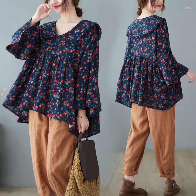 Womens T Shirts 2023 Print Floral Chic Girls Summer Loose Tops Sailor Collar Patchwork Women Casual T-shirt Blouse