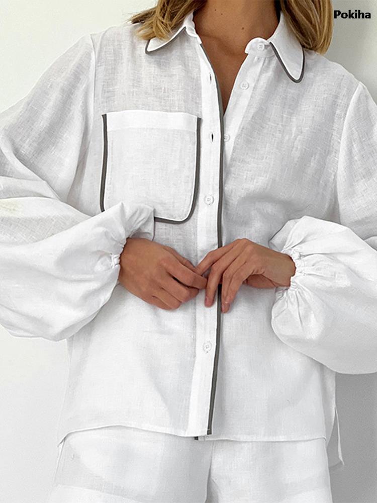 Womens Tracksuits Elegant Summer Patchwork Linen Two Pieces Set Fashion Long Sleeve Casual Loose Blouse T Shirts And Shorts Outfits Chic