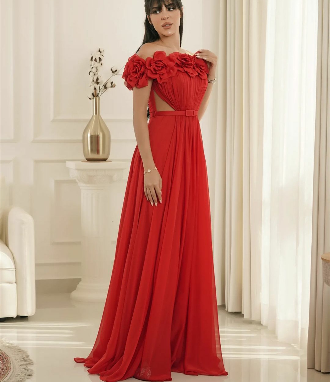 Elegant Long Red Chiffon Evening Dresses With Flowers A-Line Pleats Floor Length Zipper Back Prom Dresses Robe De Soiree Formal Party Gown for Women