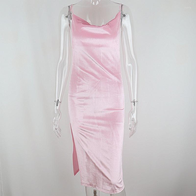 Casual Dresses Long Sexy Backless Split Womens Party Club Pink Tie Up Dress Elegant Spaghetti Strap Velvet Midi