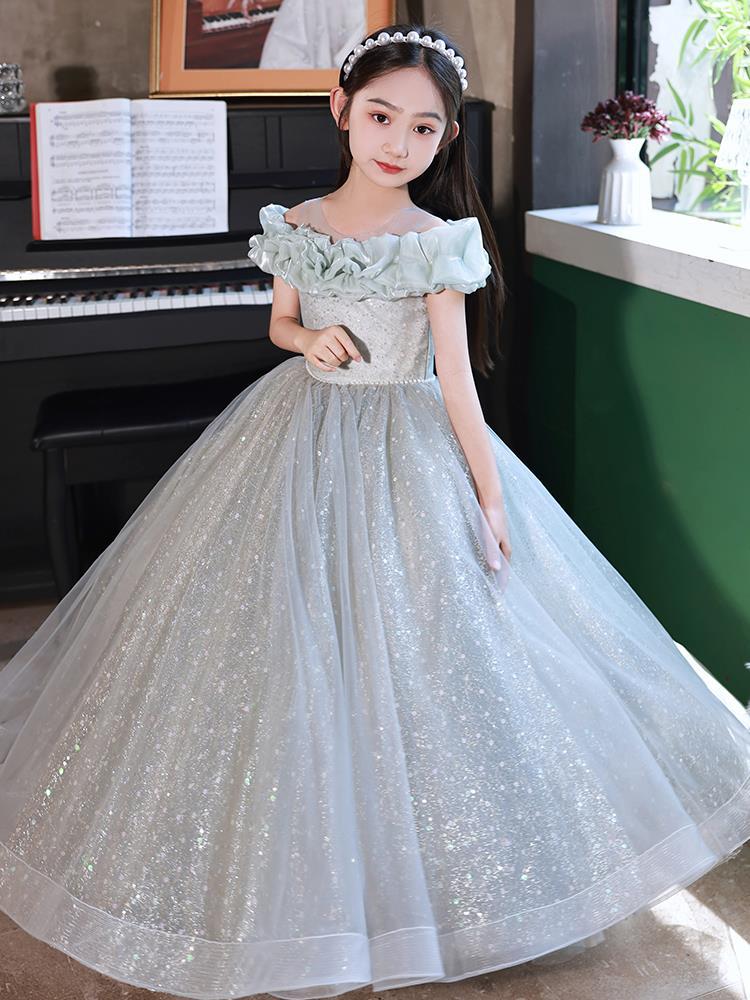 Cute Flower Off Shoulder Appliqued Shiny Bling Girl Cascading Ruffle Birthday Gowns Floor Length Ball Gown Pageant Dresses For Girls 403