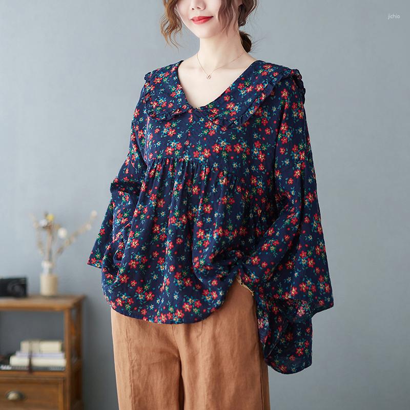 Womens T Shirts 2023 Print Floral Chic Girls Summer Loose Tops Sailor Collar Patchwork Women Casual T-shirt Blouse